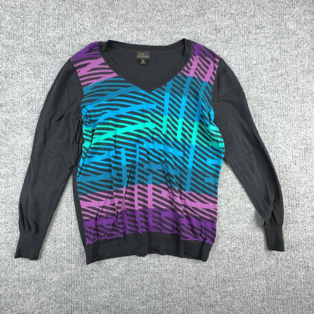 Worthington Sweater Womens XL‎ Black Multicolor Graphic V Neck Knit Pullover